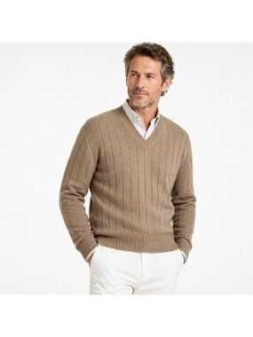 BALLANTYNE v neck sweater 100% cashmere beige 46 US XL made in scotland ribbed